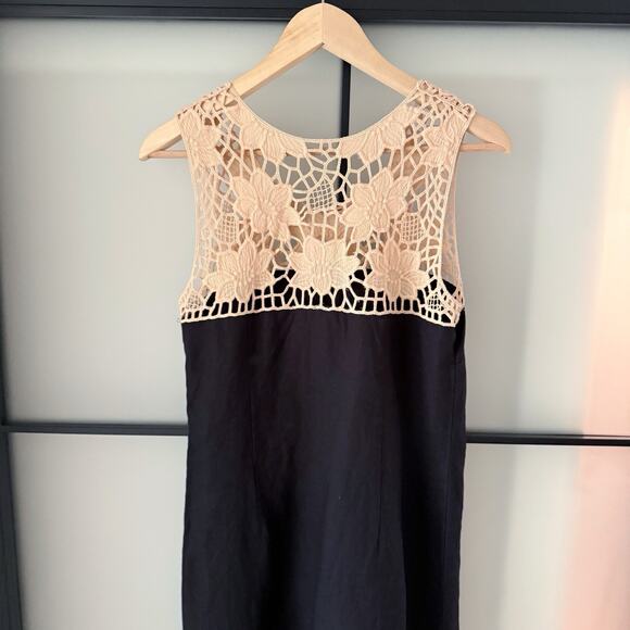 Ann Taylor Loft 100% Linen Dress Size 6 Boho Crochet Lace Black Classy Sundress - Picture 3 of 16